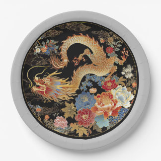 Assiettes En Carton Dragon asiatique et fleurs de pivoines