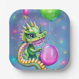 Assiettes En Carton Dragon d'anniversaire mignon avec ballons