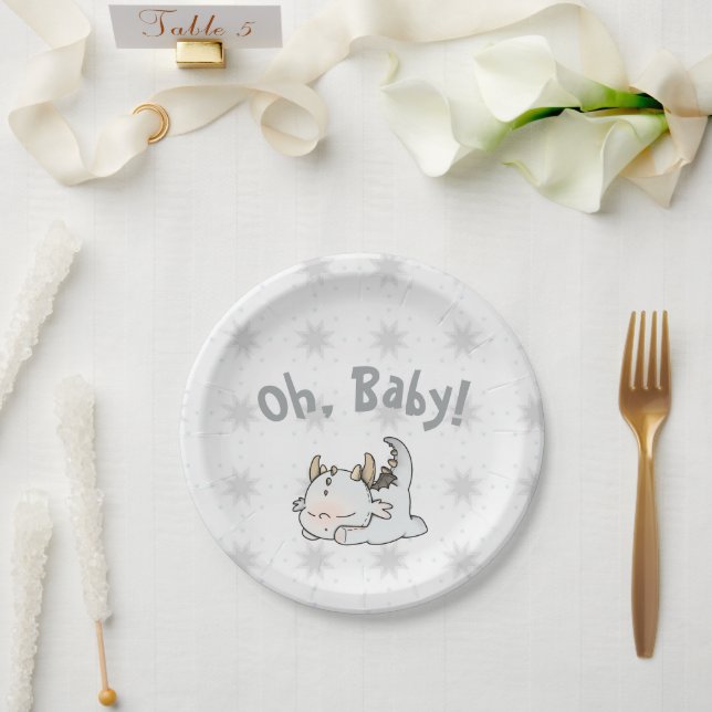 Assiettes En Carton Dragon de bébé gris Pastel (Mariage)