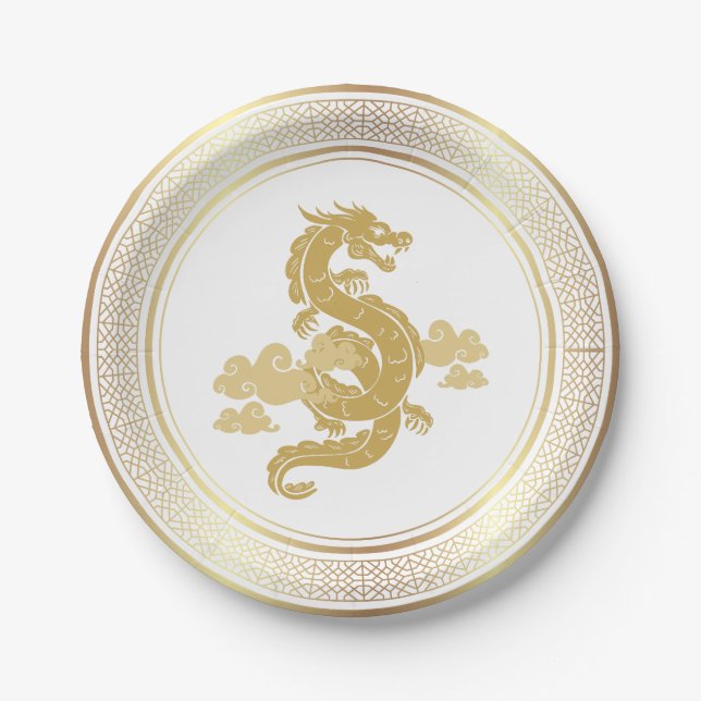 Assiettes En Carton Dragon d'or du Nouvel An chinois (Devant)
