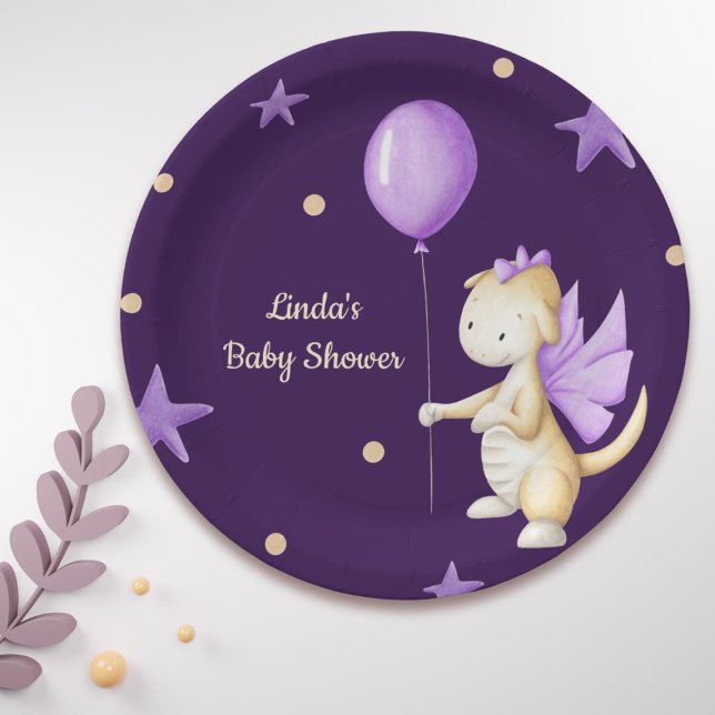 Assiettes En Carton Dragon mignon avec Baby shower de fille violet bal (Créateur téléchargé)