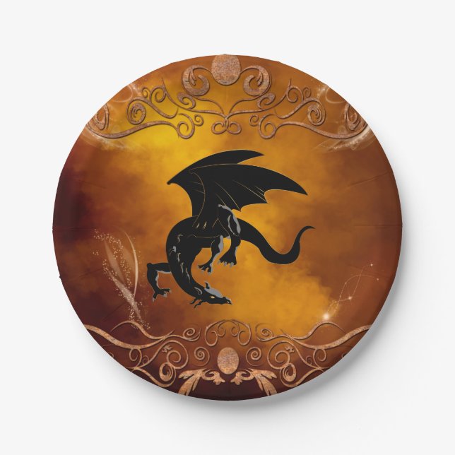 Assiettes En Carton Dragon noir dans le ciel (Devant)
