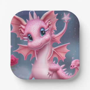 Assiettes En Carton Dragon rose mignon aux fleurs roses