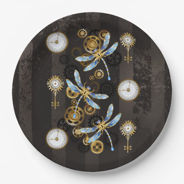 Assiettes En Carton Dragonflies de Steampunk sur arrière - plan rayé b (Devant)