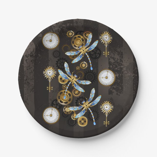 Assiettes En Carton Dragonflies de Steampunk sur arrière - plan rayé b (Devant)
