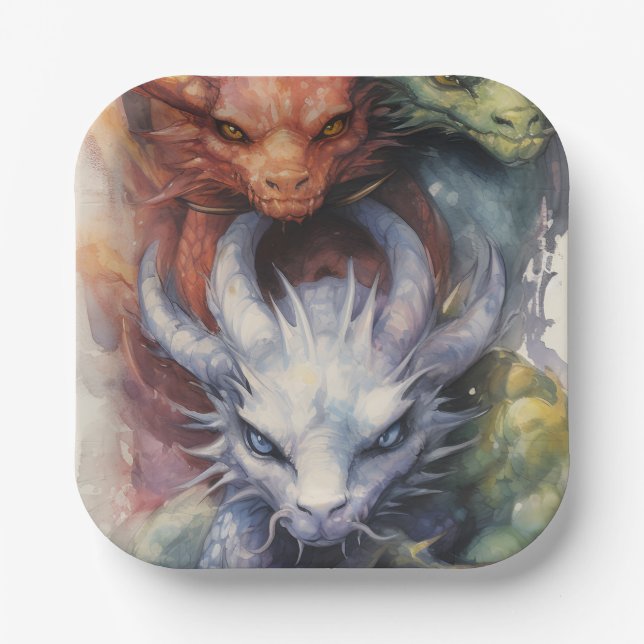 Assiettes En Carton Dragons blancs rouges (Recto)