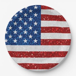Assiettes En Carton Drapeau Américain 4 Juillet Paillettes