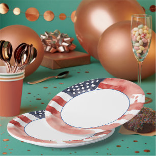 Assiettes En Carton Drapeau américain à l'aquarelle avec centre blanc