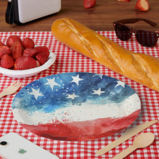Assiettes En Carton Drapeau américain à l'aquarelle rouge blanc et ble