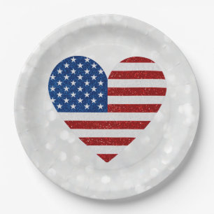 Assiettes En Carton Drapeau américain cœur 4 juillet paillettes
