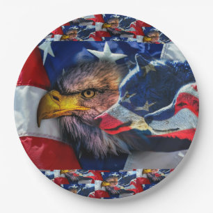 Assiettes En Carton Drapeau américain de loup d'aigle chauve Patriotiq