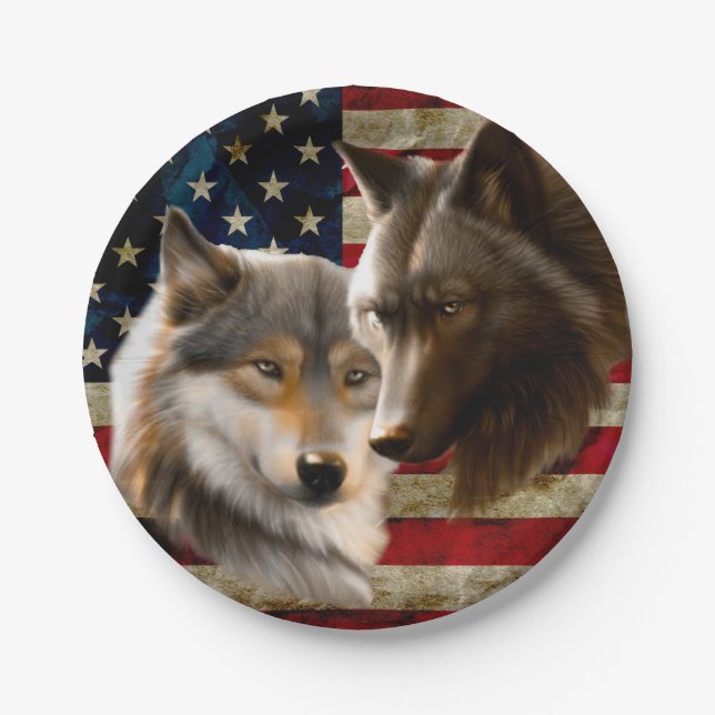 Assiettes En Carton Drapeau américain des loups (Devant)