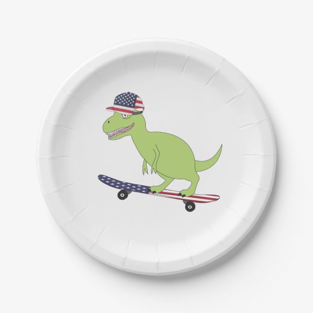 Assiettes En Carton Drapeau américain Dinosaure Skate (Devant)