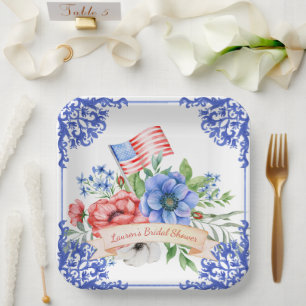 Assiettes En Carton Drapeau américain floral rouge, blanc et bleu