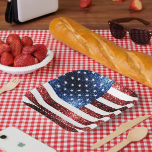 Assiettes En Carton Drapeau américain rouge et bleu scintille paillett