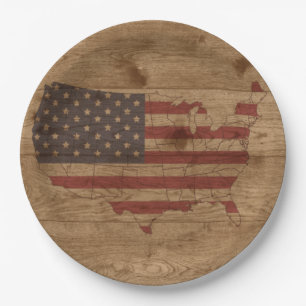 Assiettes En Carton Drapeau américain sur bois rustique   USA Patriot