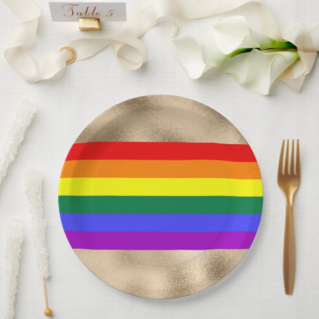 Assiettes En Carton Drapeau arc-en-ciel sur or (Mariage)