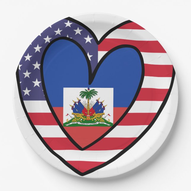 Assiettes En Carton Drapeau haïtien américain Coeur intérieur USA Haït (Devant)