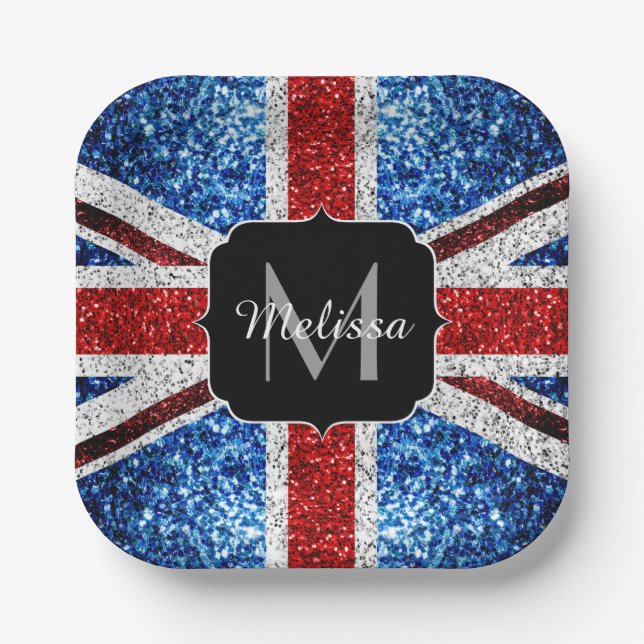 Assiettes En Carton Drapeau rouge bleu blanc brillant parties scintill (Recto)