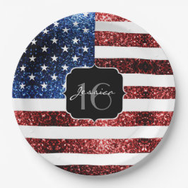 Assiettes En Carton Drapeau rouge bleu étincelant parties scintillant 