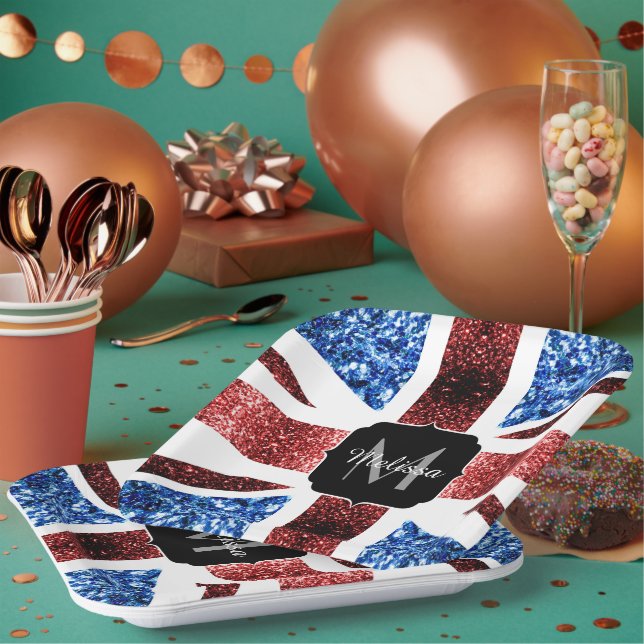 Assiettes En Carton Drapeau rouge et bleu parties scintillant Monogram (Multi)