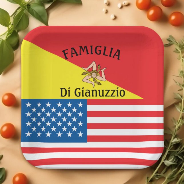 Assiettes En Carton Drapeau sicilien-américain de Sicile (Flag of Sicily and American Flag Sicilian-American Custom Party Plate for Italian Celebrations)