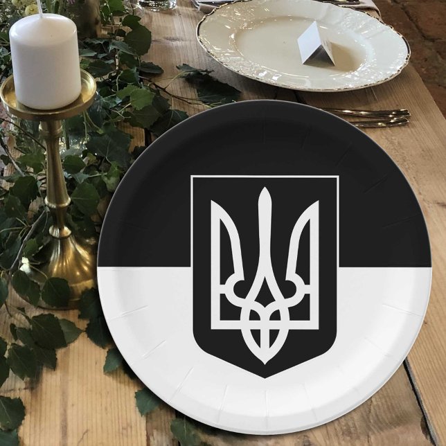 Assiettes En Carton Drapeau ukrainien, Emblem & Ukraine - Noir / Blanc (Créateur téléchargé)