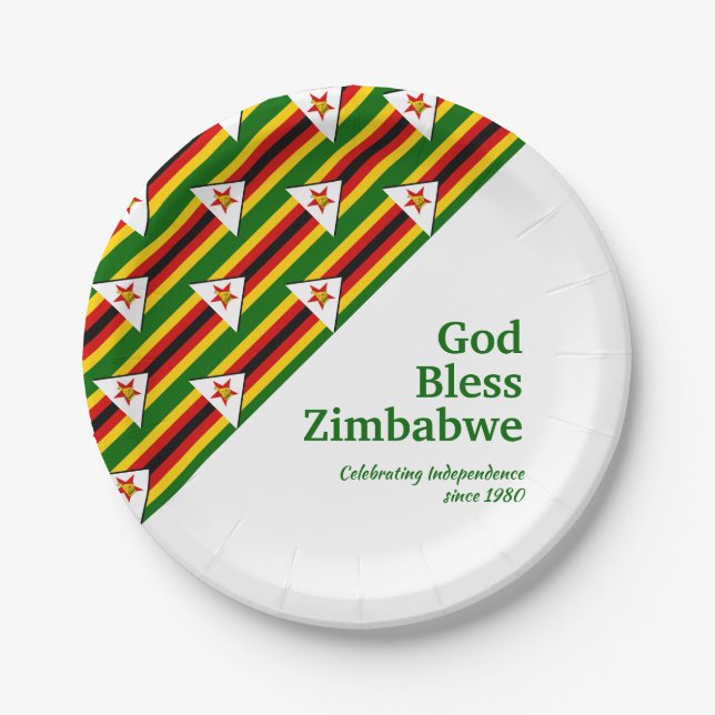 Assiettes En Carton DRAPEAU ZIMBABWE avec texte Customisé DIEU BÉNISSE (Devant)