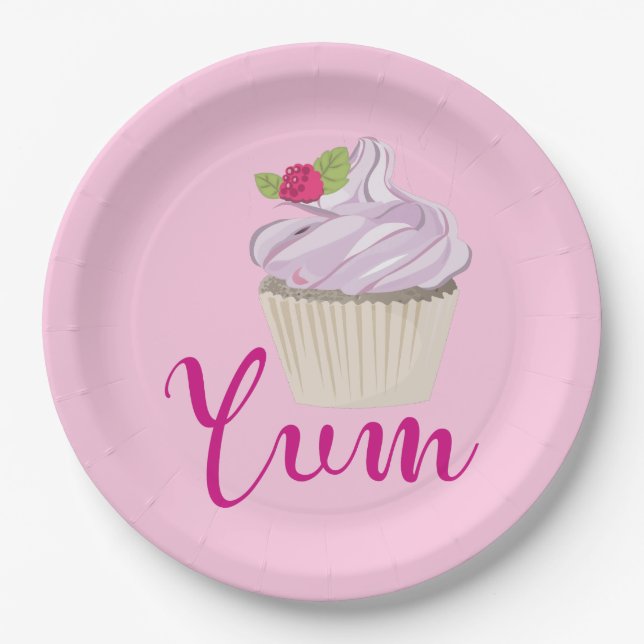 Assiettes En Carton Dreamy Cupcake rose avec Yum framboise! (Devant)