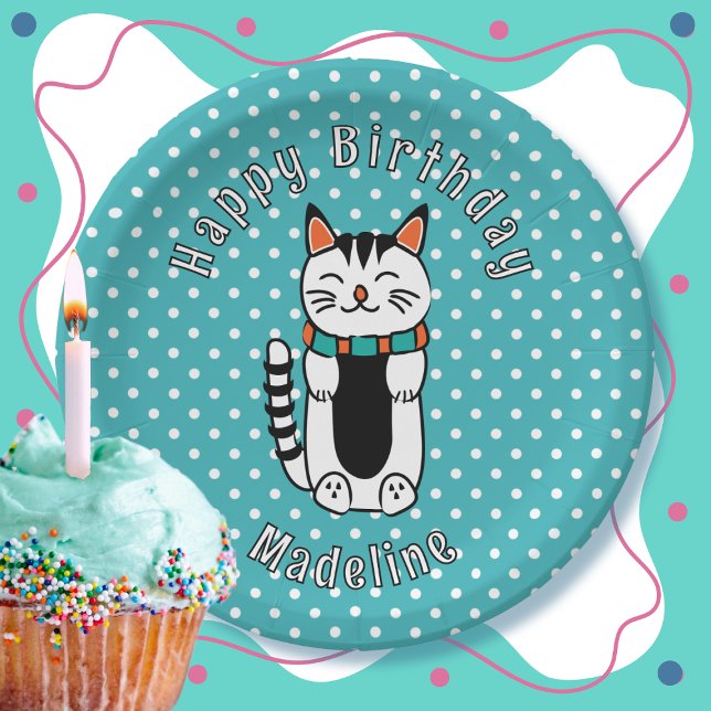 Assiettes En Carton Drôle Cartoon Chat Turquoise White Dot Anniversair (Créateur téléchargé)