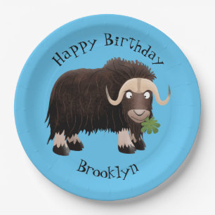 Assiettes En Carton Drôle dessin animé de boeuf musqué anniversaire pe