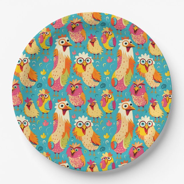 Assiettes En Carton Drôle dessin humoristique Poulets Abstraits (Devant)