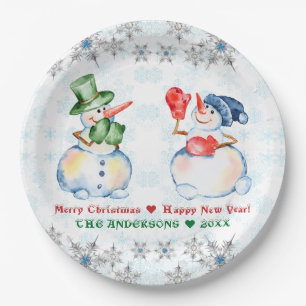 Assiettes En Carton Drôle Snowman Joyeux Cristaux de Noël Snowflakes