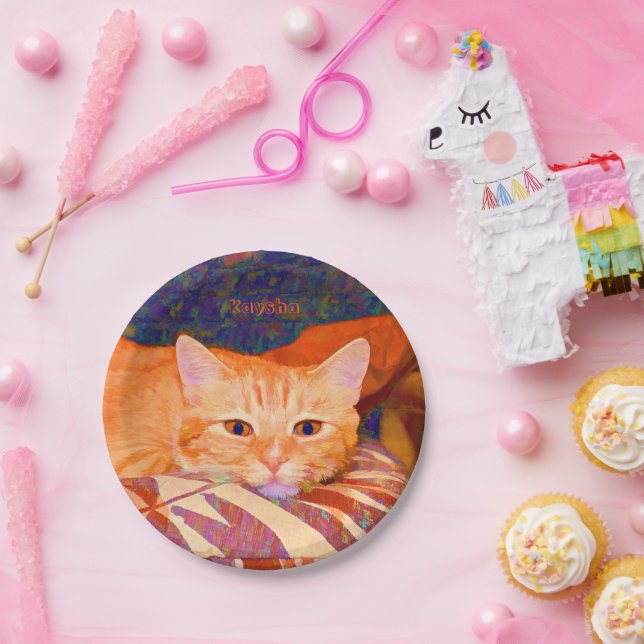 Assiettes En Carton Drôle Tabby Chat Bright Orange Cute (Fête)
