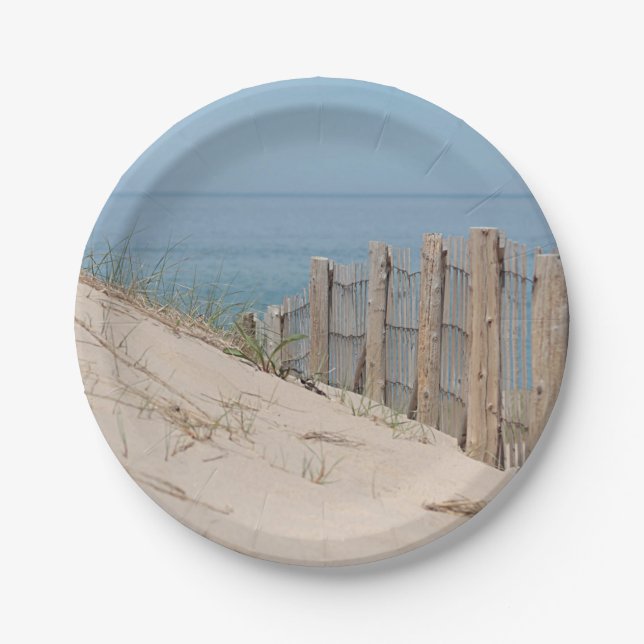 Assiettes En Carton Dunes de sable et barrière de plage (Devant)