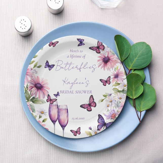 Assiettes En Carton Durée de vie des papillons violet douche nuptiale (Lifetime of butterflies purple pink daisies champagne bridal shower printed paper plates table decor)
