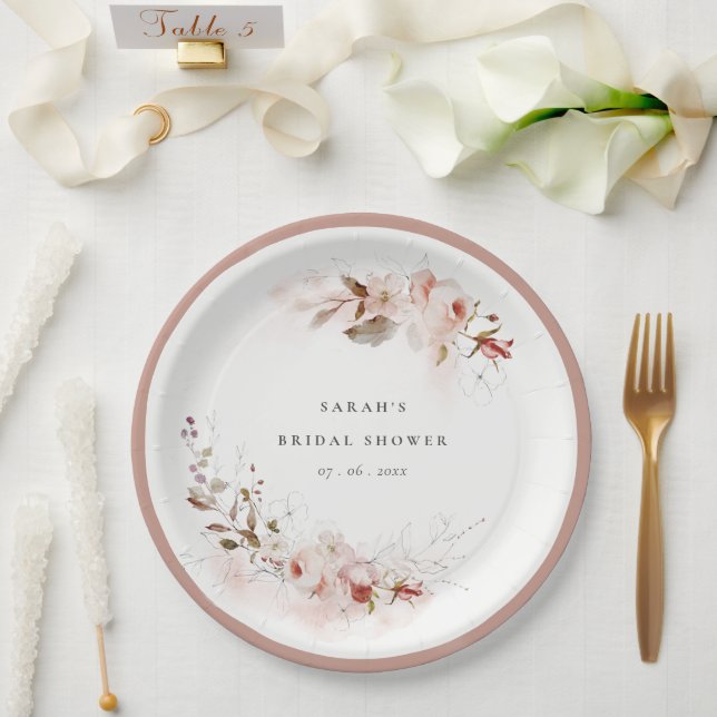 Assiettes En Carton Dusky Fall Marsala Blush Floral Fête des mariées (Mariage)