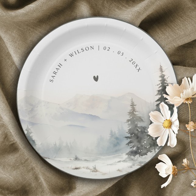 Assiettes En Carton Dusky Winter Snow Mountain Mariage paysage (Créateur téléchargé)