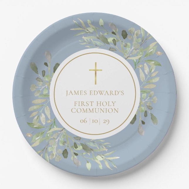Assiettes En Carton Dusty Bleu Vert Première Communion Sainte (Devant)