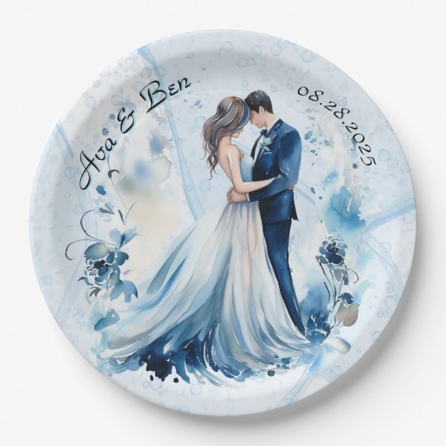 Assiettes En Carton Dusty Blue Alcohol Ink Bride & Groom Mariage (Devant)