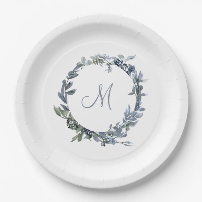 Assiettes En Carton Dusty Blue Botanical Wreath Élégant Monogramme (Devant)