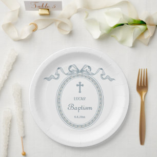 Assiettes En Carton Dusty Blue Bow Cadre grec Baptême