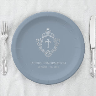 Assiettes En Carton Dusty Blue Confirmation Garçon Argent Crest Vintag