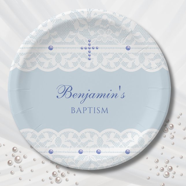 Assiettes En Carton Dusty Blue Cross Christening Christian Baptism (Créateur téléchargé)