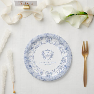 Assiettes En Carton Dusty Blue Elegant Rose Vintage Crest Mariage