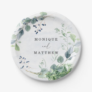Assiettes En Carton Dusty Blue Eucalyptus Vert Mariage rustique