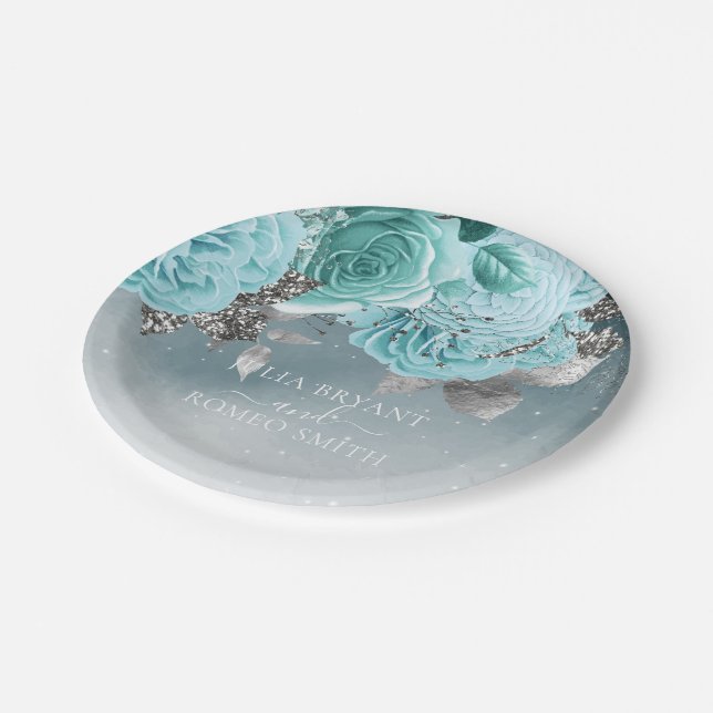 Assiettes En Carton Dusty Blue Floral Mariage (Angle)