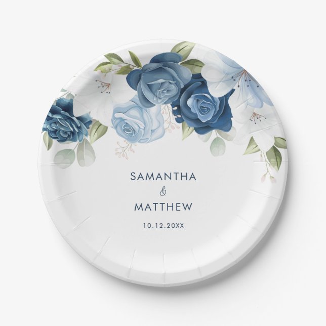 Assiettes En Carton Dusty Blue Floral Moderne Personnalisé Mariage (Devant)