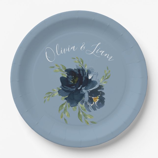 Assiettes En Carton Dusty Blue Floral Moderne Script Nom élégant (Devant)