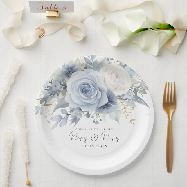 Assiettes En Carton Dusty Blue Florals Félicitations Mme et Mme Mariag (Mariage)